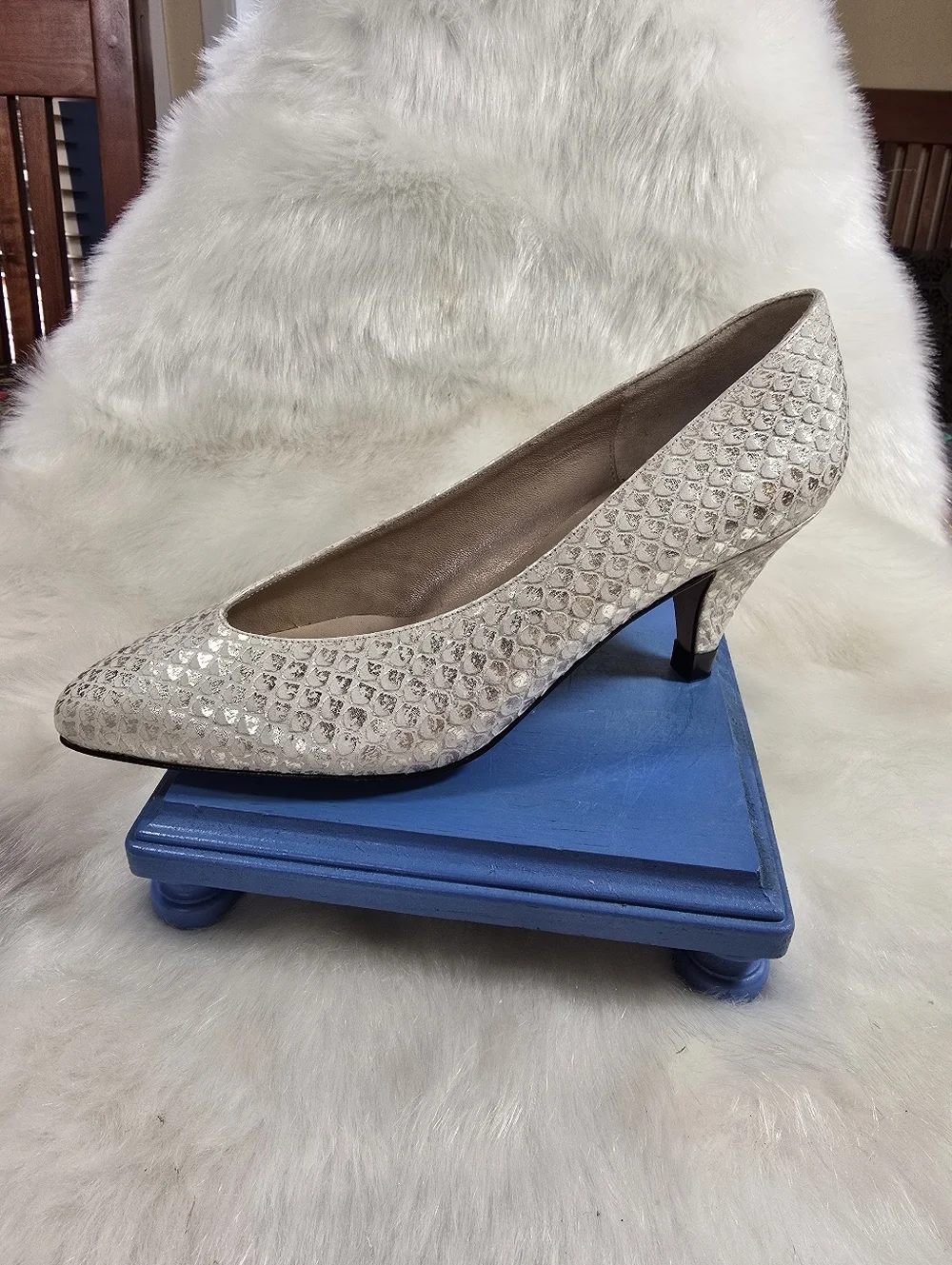 Amalfi Metallic Ivory Snakeskin Print Pointed Toe Pumps - Womens
